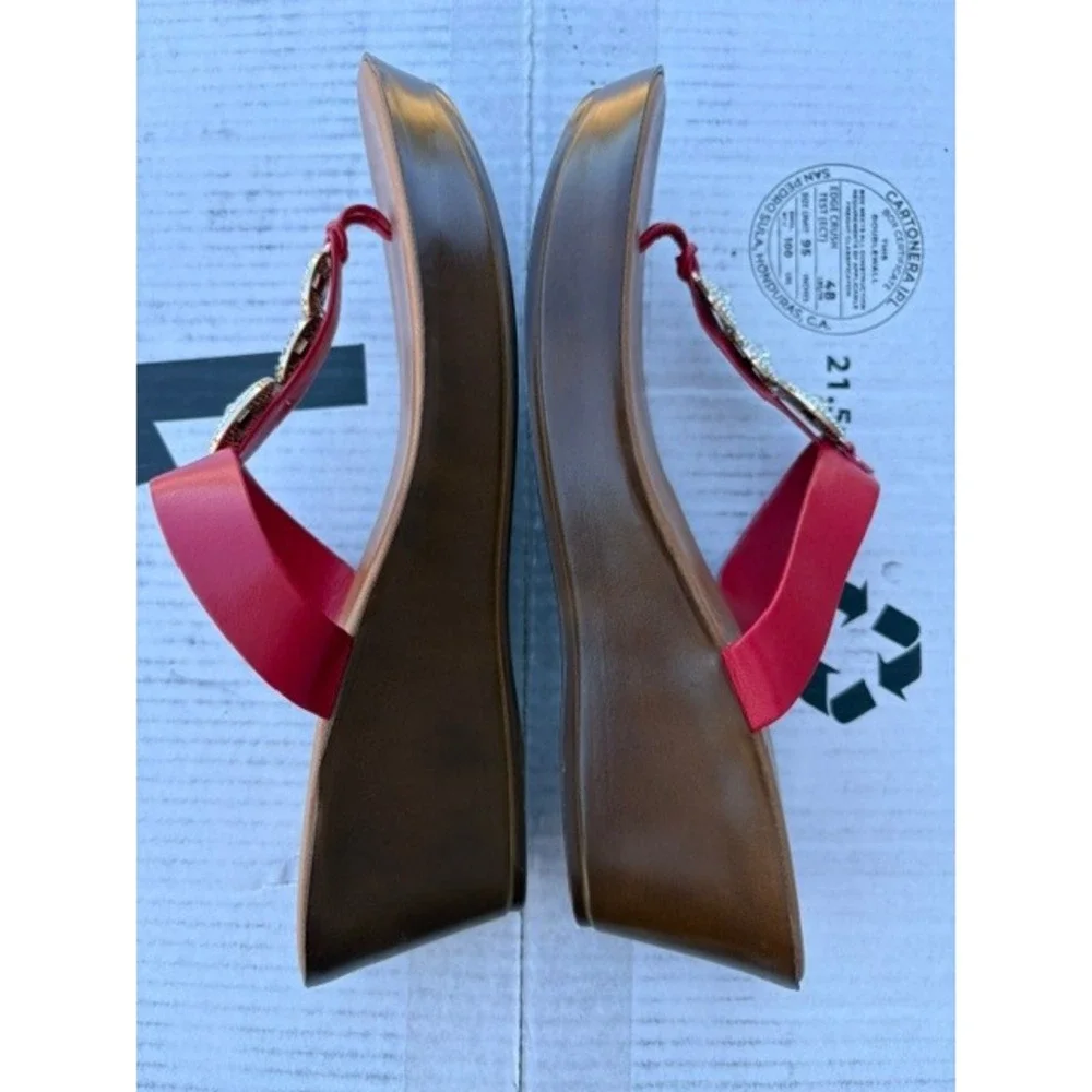 Toscanella Red Italian Leather Wedge Sandals Rhinestone Medallion Womens 9.5
